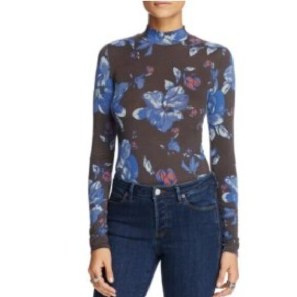 Free People Top Womens Small Chocolate Printed Black Floral Long Sleeve Stretch - Picture 2 of 10